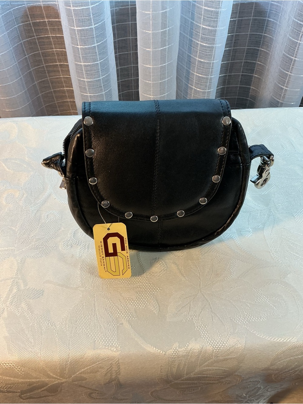 Giromy Samoni Italian Black Genuine Leather Studded Saddle Crossbody Bag